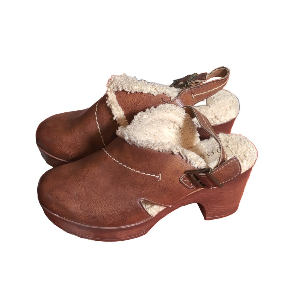b.o.c Brown Faux Shearling Clogs Mules with Strap 6M Slingback BC0018016